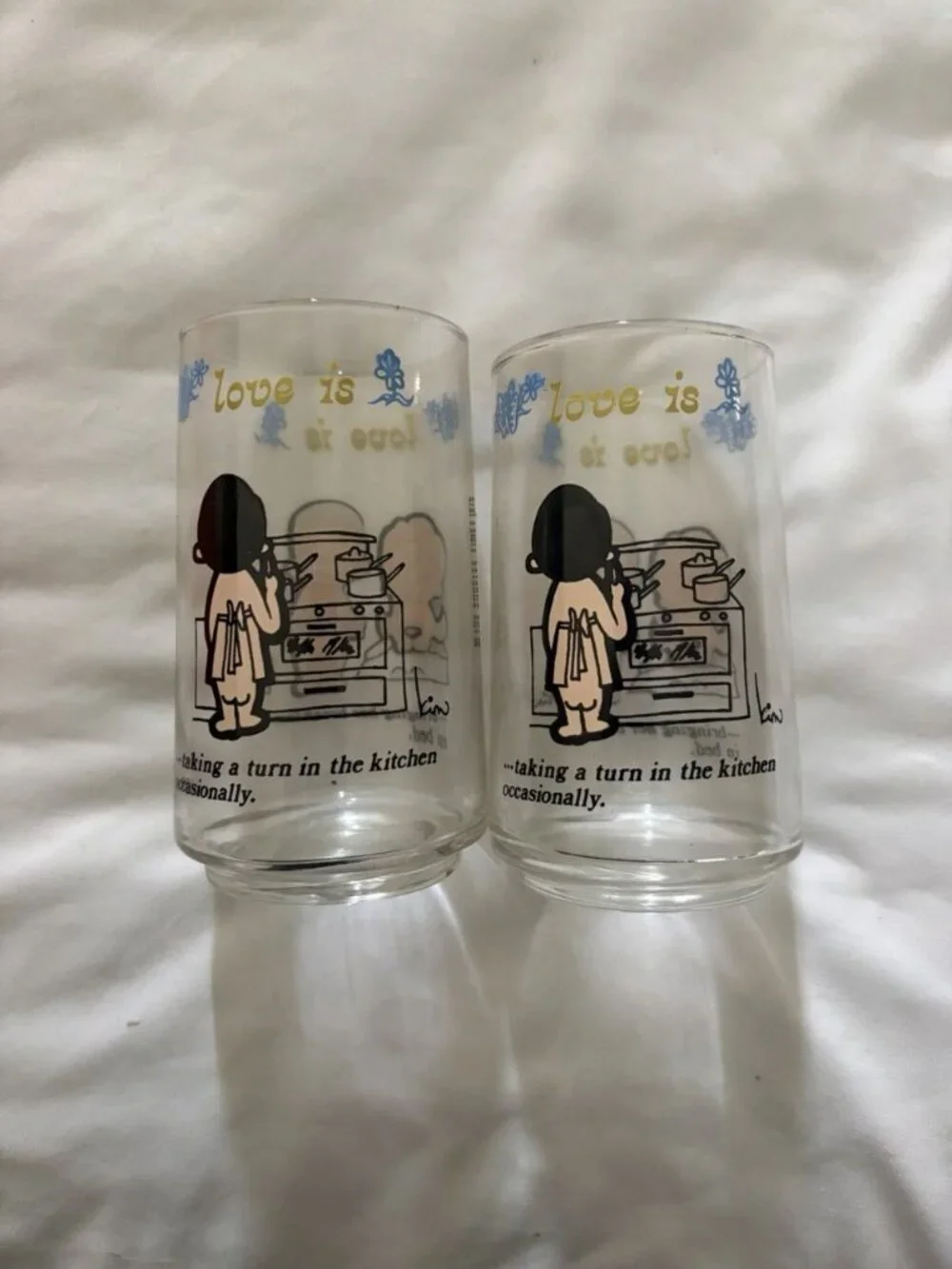 Vintage Anchor Hocking 1976 Kim Casali LA Times Love Is 8 Pc Set 12oz Glass Cups